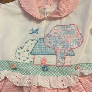 Vintage Baby Togs pink pinstripe pinafore dress, size 3T.